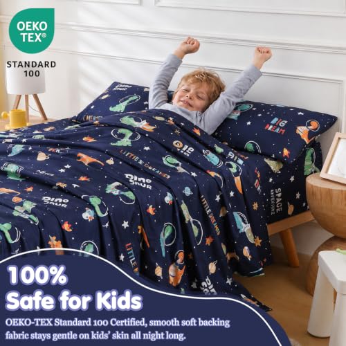 Full Sheet Set for Boys Dinosaur Outer Space Themed Kids Bed Sheet 4 Piece | 15 inch Deep Pocket Fitted Sheet and Pillowcase Set,Soft Breathable Microfiber Cartoon Printed Bed Sheet for Kids Room - color: Space Dinosaur, size: Full