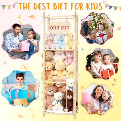 Stuffed Animal Storage & Organizer, Wooden Large Capacity Stuffed Animal Zoo with Elastic Cords, Sturdy Space-Saving Plushie Toy Shelf Cage Tower for Bedroom Playroom Nursery 54 in, Easy to Install