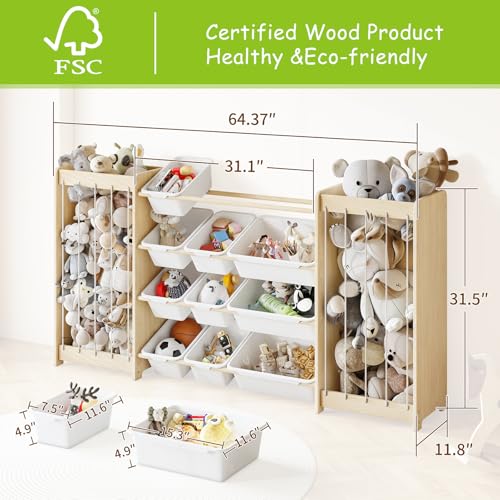 EXPERLAM Large Toy Storage Organizer, Wooden Stuffed Animal Storage & 12-Bins Toy Organizer, Double-Sided Plush Toy Holder Featuring Thicker Ropes, Space Save Playroom Nursery Bedroom Storage, White - color: White, size: 64.4" L × 11" W × 31.5" H