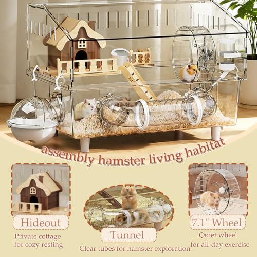 All in 1 Hamster Cage with Tunnel and 7 Accessories,Clear Acrylic Small Animal Habitat for Drawf Hamster,Gerbil,Hedgehog(17.7"*11.8"*13.4")