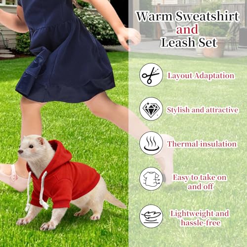 Ferret Clothes and Leash Set, Warm Hoodie Sweater with Harness and Leash for Outdoor Walking, Cozy Wear for Ferrets, Chinchillas, Small Pets, Adjustable Small Pet Outfits (Red) - color: Red