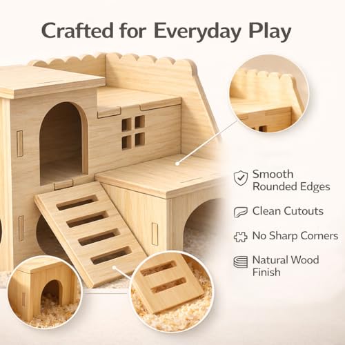 Large Hamster Maze Wood House Fun Slide House Double-Decker Hut Chew Toys for Bigger Syrian Hamsters Dwarf Gerbil Mouse Mice Rat Small Animals
