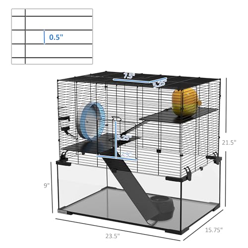 PawHut Large Hamster Cage with Deep Tempered Glass Bottom, 3 Tiers Hamster Tank with Running Wheel, Hut, Water Bottle, Dish, Rat Cage for Syrian, Dwarf, Gerbils, Mouse, 23.5" x 16" x 22.5", Black | 3 Tiers Hamster Tank, Running Wheel, Hut, Water Bottle, D