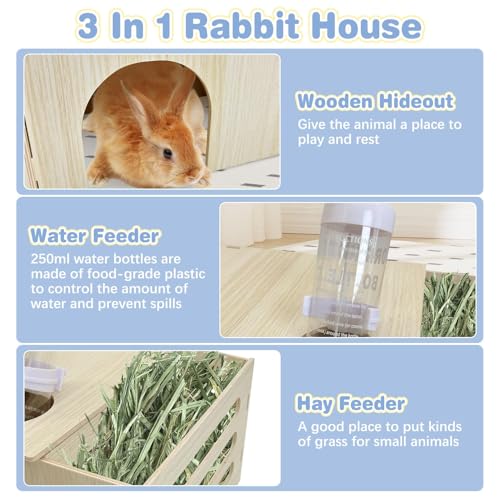Hamiledyi Guinea Pig Hideout with Hay Feeder and Water Bottle Natural Wooden Chinchilla House Bunny Castle Small Animal Hideout for Rabbit Chinchilla Bunny and Guinea Pig