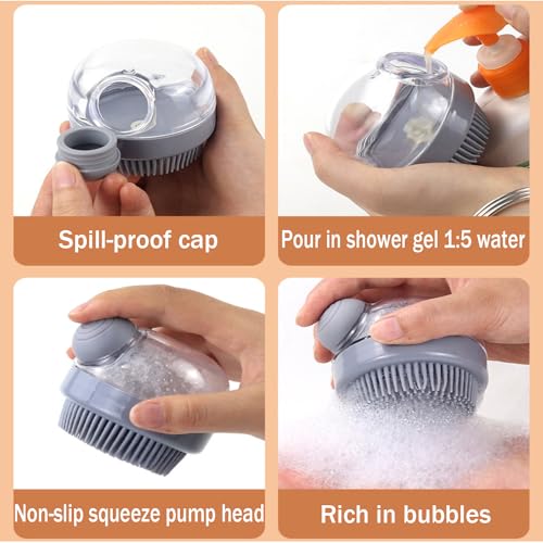 Dog Bath Scrubber Brush, 2 PCS Pet Dog Grooming Massage Shampoo Bath Brush with Soap and Shampoo Dispenser Soft Silicone Bristle for Long Short Haired Dogs Cats Shower - color: Purple & Grey