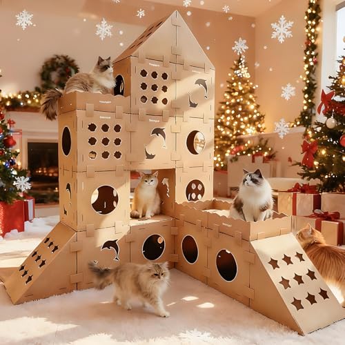 DIY Cat Scratcher Cardboard House, Scratching Cat Play House, a Versatile Box, Indoor Kitty Scratcher Hideout for One or More Cats Brown, Cat Tower Castle Tunnel 10 Parts - size: 6 Boxes + 2 Roofs + 2 Triangulars + 6 Scratchers