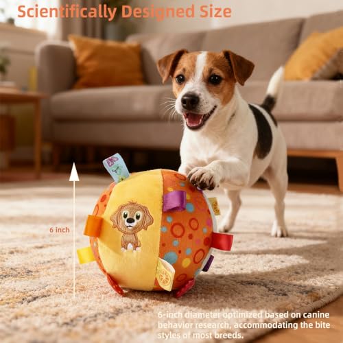 Dog Tag Toy, 6-Inch Squeaky Plush Toy for Puppies & Small Medium Dogs | Soft Stuffed Cotton Ball, Built-In Bell, Interactive Retrieval Toy, Puppy Play Gym & Busy Toys