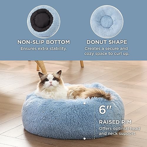 Bedsure Calming Cat Beds Donut Round Washable Kitten Bed,20 inches | Fluffy Faux Fur Cuddler,Anti-Slip Bottom,Anti-Anxiety,Deep Sleeping for Cats&Small Pets Up to 15 Lbs,Light Blue - color: Light Blue, size: 20"L x 20"W x 6"Th