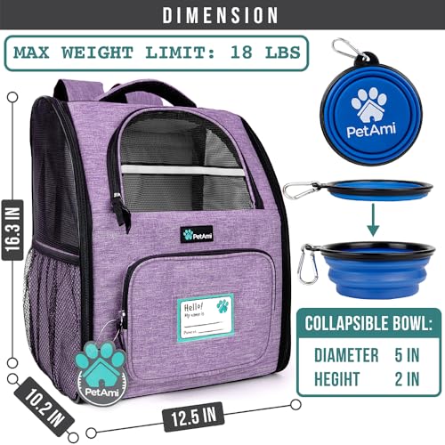 PetAmi Dog Backpack Carrier Airline Approved Cat Pet Puppy Bag, Purple | Ideal for Small Medium Large Pet up to 18 lb, 2 Side Entry Structured No-Collapse Frame, Ventilated Bookbag for Hiking Travel - color: Heather Purple