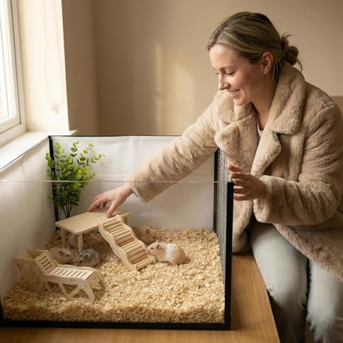 3Pcs Hamster Tunnel and Platform Set, Wooden Hamster Accessories with Wavy Stairs, Multi-Level Cage Hiding Place, Small Animal Climbing Toy, Habitat Decoration (Natural Wood)