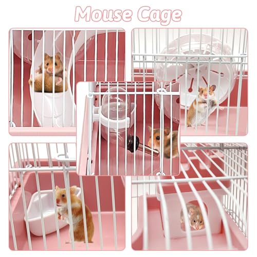 PINVNBY 2-Tier Dwarf Hamster Cage, Travel Portable Guinea Pig Cages Rat Cage and Habitats Small Animal Carrier with Castle House Running Exercise Wheels, Water Bottle and Food Dish (Pink - color: Pink, size: M: 11.7x8.7x9.8in