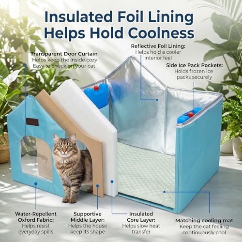 PatiencET Large Cat Cooling House for 2 Small Cats, Indoor Cooling Cat House for Summer, Blue Cat Hideaway Bed with Side Ice Packs, Insulated Foil Lining - size: Large