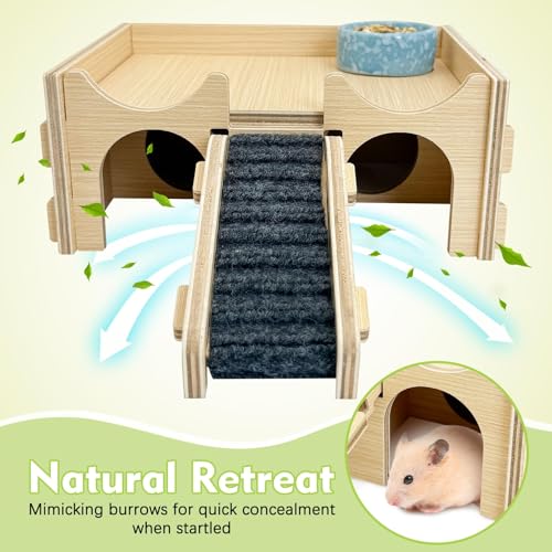 BNOSDM Wooden Hamster Hideout Syrian Hamsters Multi-Room Hideouts & Tunnel Exploring Toys Gerbils Wood House with Ladder for Dwarf Mouse Mice Rat and Other Small Animals - color: Wooden Hideout with Bridge