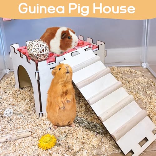 Guinea Pig Hideout,Large Wooden Guinea Pigs House with Stairs and Mats,Detachable Guinea Pig Castle Hide for Small Animals Hamster Chinchilla Ferret Habitats Accessories - size: 1 House