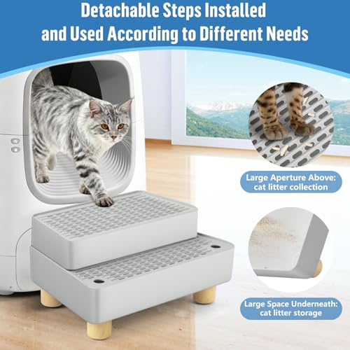 Extra Large 2 Steps Cat Litter Box Step Ramp, Cat Litter Catcher Mat with Wooden Feet, Filter Function, Cat's Pedal Stool for Self-Cleaning Litter, Suitable Kitten & Elderly Cats (Light Grey)