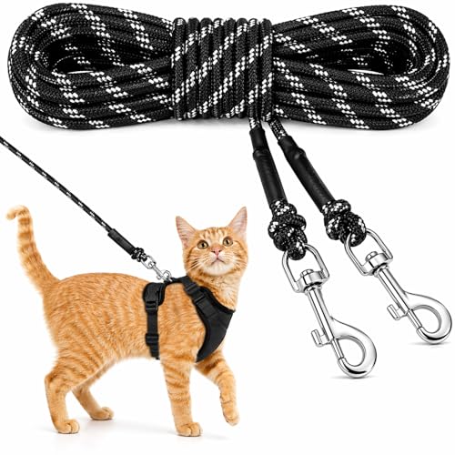 Reflective Cat Long Leash 30 FT, Outdoor Backyard Cat Tie Out Lead, Black | Backyard Play, Reflective Nylon Rope, Dual 360° Swivel Hooks, Lightweight Cat Tie Out,Black M, Small Pets - color: Black, size: 30 FT