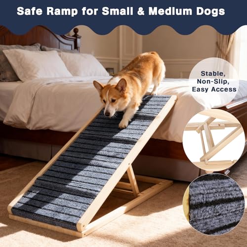 Adjustable Wooden Dog Ramp for Small & Medium Dogs, 39.4" Long x 15.8" Wide Portable Pet Ramp for Bed, Couch, Sofa & Car, Anti-Slip Carpet, Lightweight Foldable Indoor Outdoor Travel Dog Ramp - size: 39.4" L x 15.8" W