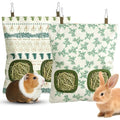 Rabbit Hay Bag 2 Pack - 2 Holes Hanging Bunny Hay Feeder Holder with Metal Hooks, Oxford Cloth Guinea Pig Feeding Bag Storage for Chinchillas Hamsters and Small Animals (White Green) - color: White Green