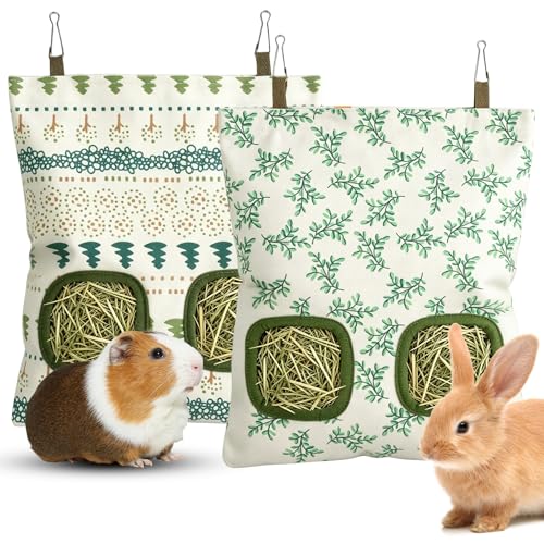 Rabbit Hay Bag 2 Pack - 2 Holes Hanging Bunny Hay Feeder Holder with Metal Hooks, Oxford Cloth Guinea Pig Feeding Bag Storage for Chinchillas Hamsters and Small Animals (White Green) - color: White Green