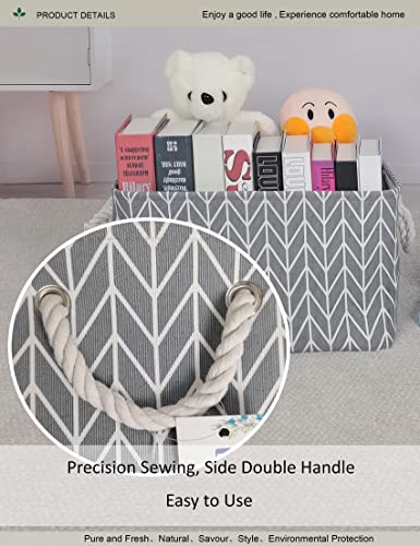 Rectangular Thick Collapsible Grey Chevron Storage Bin | Sturdy Thick linen EVA fabric,soft cotton rope handles, large chevron print for bedroom, closet, bathroom supplies - color: REC Thick Grey point