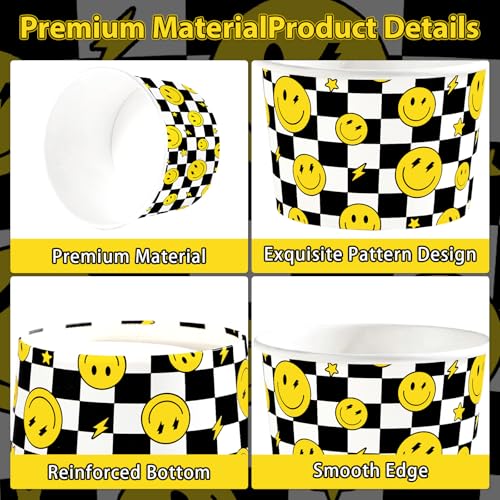 120Pcs 12oz Smile Face Ice Cream Cups for Hot or Cold Food | Yellow Checkered Dessert Bowls Disposable Black White Plaid Emoji Large Snack Cups for Baby Shower Birthday Wedding Supplies - style: Smile Plaid Yellow Dessert Cup