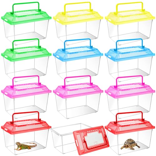 12Pcs Plastic Reptile Terrariums Carrier Cage, Tarantula Enclosure Breeding Box Hatching Container Transparent Fish Tank Turtle Aquarium with Random Color Lid for Hermit Crab, M(7" x 4.3" x 4.3") - size: M