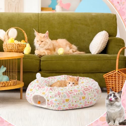 Aliceset Easter Bunny Cat Tunnel Bed for Indoor Cats 3ft x 3ft x 10in Foldable Cat Donut Tunnel with Washable Cushion Easter Rabbit Peekaboo Cave Toy for Small Kitten Kitty