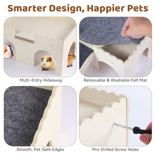 Guinea Pig Hideout 2-Tier Wooden Small Animal Hideout Sturdy Guinea Pig Castle with Ramp & Platform for Bunny, Chinchilla, Rat & Hamster - Easy Assembly Multi-Level Habitat