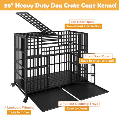 56 inch Heavy Duty Indestructible Dog Crate, Steel Double Door Indoor High Anxiety Cage for Large Giant Dogs, Escape-Proof Chewproof Pet Kennel with Trays and Wheels, Extra Large XL XXL - size: 55.5"L x 29.1"W x 46.1"H