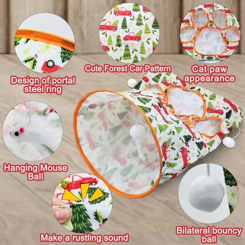 Andiker Cat Tunnel Bags for Indoor Cats, 13x17x12In Foldable Cat Crinkle Bag with 3 White Plush Balls and 1 Mouse 5 Holes for Kitten to Hide and Catch 3 Layers Cat Toy (Forest)