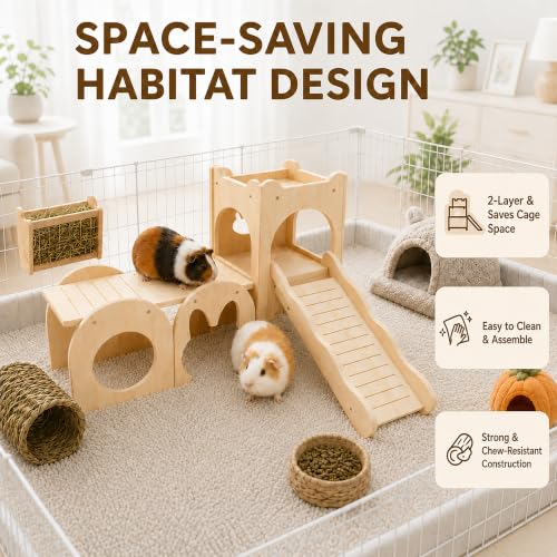 Large Bunny Hideout Wooden Bunny House with Ramp Rabbit Castle(Set of 3) | solid wood guinea pig hideout chinchilla house with detachable panels,rabbit hide with ramp hideaways and climbing areas - style: Set of 3