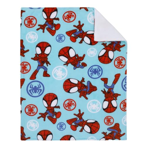 Marvel Spidey Light Blue, Red and White Super Soft Sherpa Toddler Blanket - color: Spidey - Blue and Red