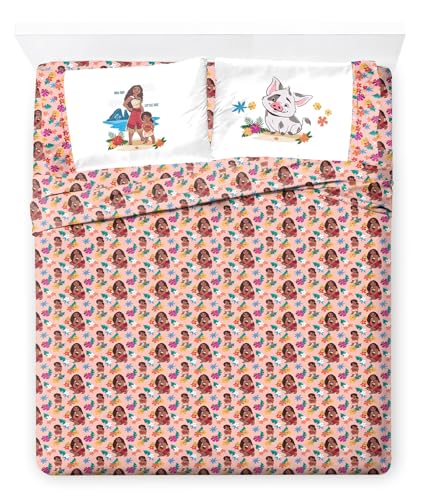 Jay Franco Kids Sheet Set with Fitted, Flat Sheets & Pillow Cover - Ultra-Soft Bedding with Pillowcase for Room Decor, Pink - Moana, 4 Piece Queen - color: Pink - Moana, size: 4 Piece Queen