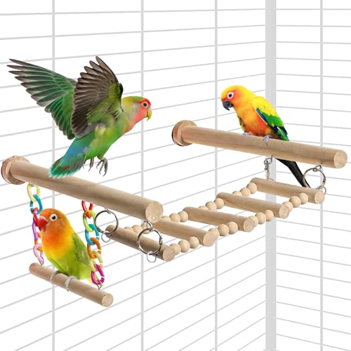 Bird Perches Ladder with Swing,Natural Wood Parrot Climbing Bridge Toys | Wood Climbing Ladder for Parakeet, Exercise Play Stand Parakeet Cage Accessories for Budgie Conure Lovebird Canary,A - color: A