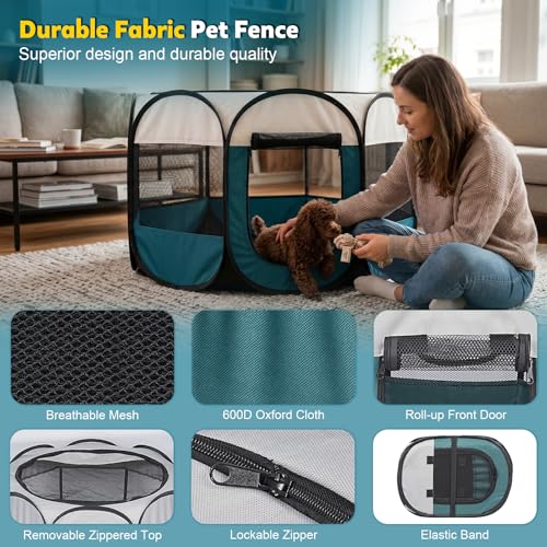 Portable Pet Playpen for Cat Dog: Foldable Cat Playpen Enclosed Up to 40lbs | Large Pop Up Indoor Outdoor Kennel for Puppy Kitten, Carry Case, Removable Zipper Top, 600D Oxford, Waterproof Base, Camping - style: L [44.9" × 44.9" × 22.8"]