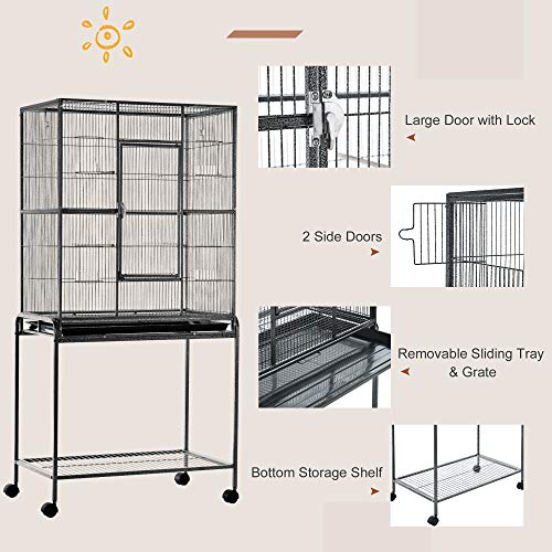 PawHut 30" Rolling Metal Bird Cage Feeder with Detachable Rolling Stand, Storage Shelf, Wood Perch & Food Container | Storage Shelf, Wood Perch, Food Container - size: 30.3"L x 18.5"W x 64.0"H