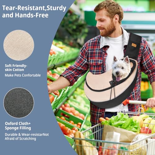 Pet Sling Carrier for Small Dogs Cats,Drawstring & Zipper Security Hook Triple Design for Pets' Securty Dog Bag,Breathable Travel Puppy Sling Carrier with Adjustable Strap(Beige,L(10-14 lbs)) - color: Black Beige, size: L (10-14 lbs)