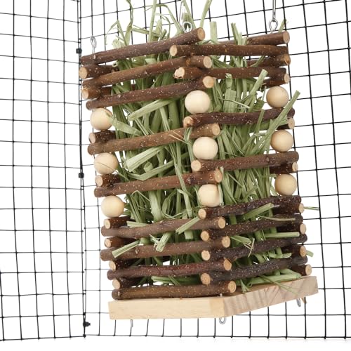 Eorbow Wood Rabbit Hay Feeder, 7" Hanging Grass Holder with 2 Hooks, Small Animals Feeding Hay Manager for Cage, Bunny Hay Feeder Rack for Chinchilla Guinea Pig Hamster Gerbil
