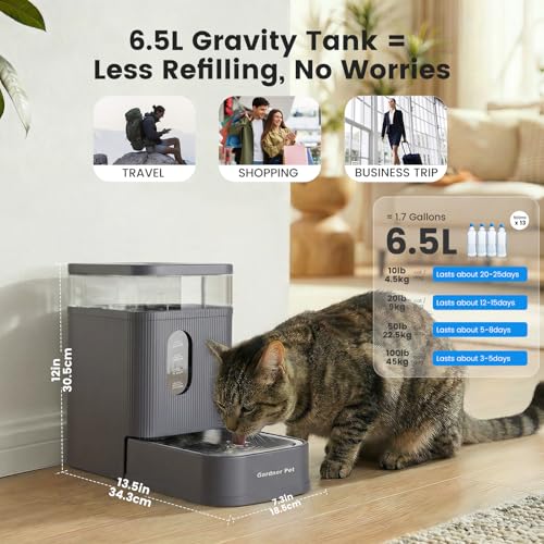 Gardner Pet 1.7 Gallon Automatic Dog Water Bowl Dispenser 6.5L Gravity Water Feeder with Stainless Steel Bowl & Maifan Stone Filter, BPA-Free for for Cats and Dogs (Grey, 1.7 Gallon) - color: Grey, size: 1.7 Gallon