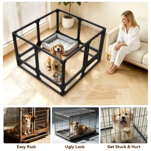 Dog Playpen, Expandable & Stackable Acrylic Dog Play Pen, FlexiSpace Adjustable Clear Dog Enclosure Indoors, Transparent Dog Fence for Dogs Cats Rabbits Small Animals (Black, 34", 8 Panels) - color: Black, size: 34"