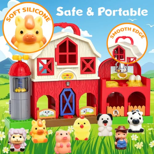 Farm Animal Barn Toys for Toddlers 1-3, Red Barn Play Farm Set with Animals Sounds Toy, Musical Interactive Preschool Montessori Learning Farm Toys for Kids, Christmas Birthday Gift for Boy Girl - style: Barn Toys