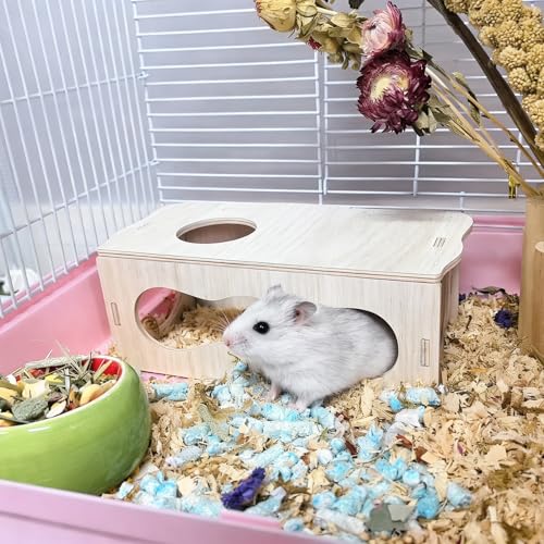 2 PCS Wooden Hamster Hideout Multi-Chamber Tunnel Set Hamster House Hiding Maze Platform Stuff Exploring Toy Cage Accessories for Gerbil Rat Mice - size: M+M