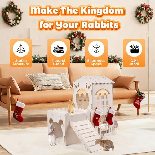 Large Rabbit House, Wooden Bunny Castle with 3 Houses Indoor, Rabbit Guinea Pig Cage Multistory Climbing Tower Sturdy Wooden Castle, Small Animal Hideaway Tunnel - size: 3 Houses