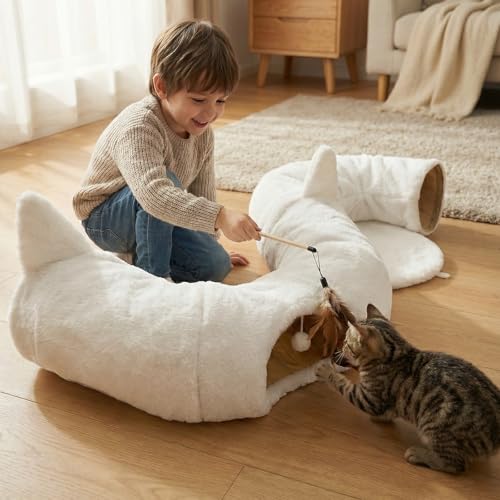 OurWarm Cat Tunnel Bed for Indoor Cats, Soft Plush Round Peekaboo Cat Bed Cave with Washable Cushion, Under Cristmas Tree Cat Donut Tunnel Toys for Kitten Rabbit Puppy (White)
