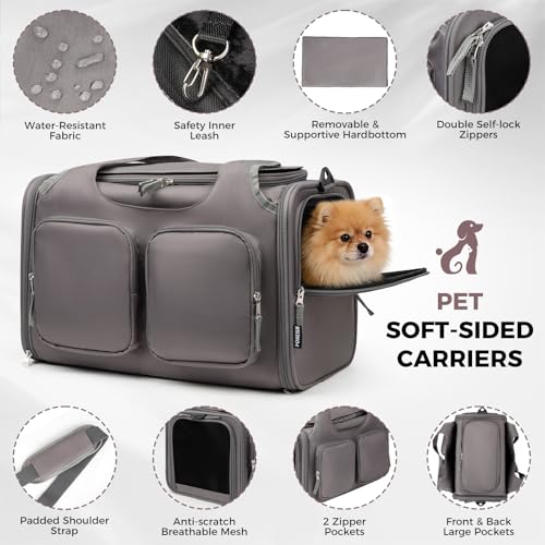 Dog, Cat Carrier for Pets Up to 12 Lbs, Airline Approved Collapsible Soft-Sided Pet Travel Bag with Locking Zippers, Breathable Mesh and 4 Large Pockets, Removable Fleece Pad (Grey) - color: Grey
