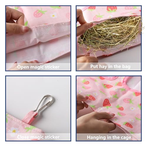 Lesnala 2 Pcs Canvas Hanging Bunny Hay Feeder Bags 3 Holes 2 Styles | Rabbit hay feeder Bag, Guinea Pig Hay Bag, Large Capacity Cotton Canvas Fabric, for Chinchillas Hamsters & Other Small Pets - color: Fruit pattern