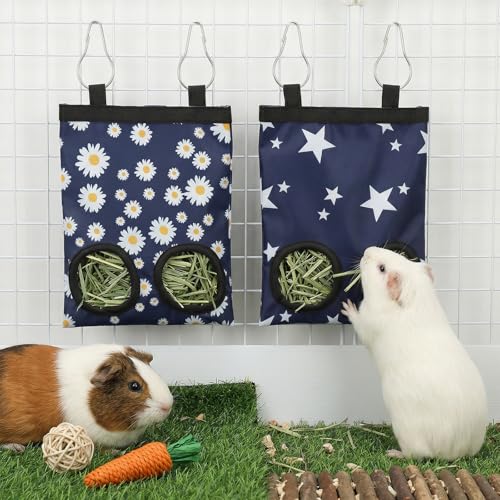 2Pcs Guinea Pig Hay Feeder, Hanging Rabbit Hay Feeder Durable Washable 2-Hole Hays Dispenser for Guinea Pigs Bunnies Chinchillas, Star＋Daisy