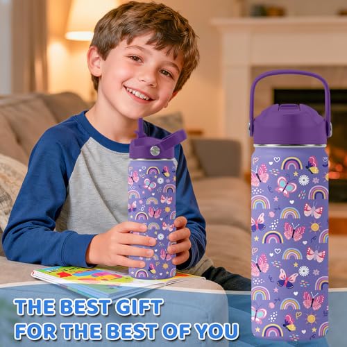 Butterfly Gifts - 18oz Purple Kids Water Bottle with Straw Lid, Stainless Steel Insulated Bottle, Leakproof, BPA-Free, for Girls, School, Travel - Butterfly Rainbow Themed Birthday Gift Cup (1pc) - color: Butterfly1, size: 18 Ounces