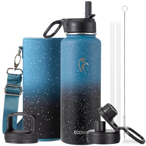 Coolflask 40 oz Water Bottle Insulated with Straw & 3 Leakproof Lids | Water Flask Stainless Steel Triple-Wall Vacuum,Cold 48+h,Dishwasher Safe,Wide Mouth, BPA-Free,Carrier Bag,for Gym,Hiking - color: Turquoise, size: 40 Ounces