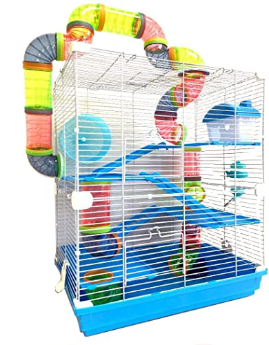 Large 5-Floors Blue Hamster Mansion Habitat Home House Cage Paw Safe Solid Platform with Hide House Running Excerise Wheel Food Bowl Water Bottle Deep Base - color: Blue, size: 23.0"L x 14.0"W x 27.0"H